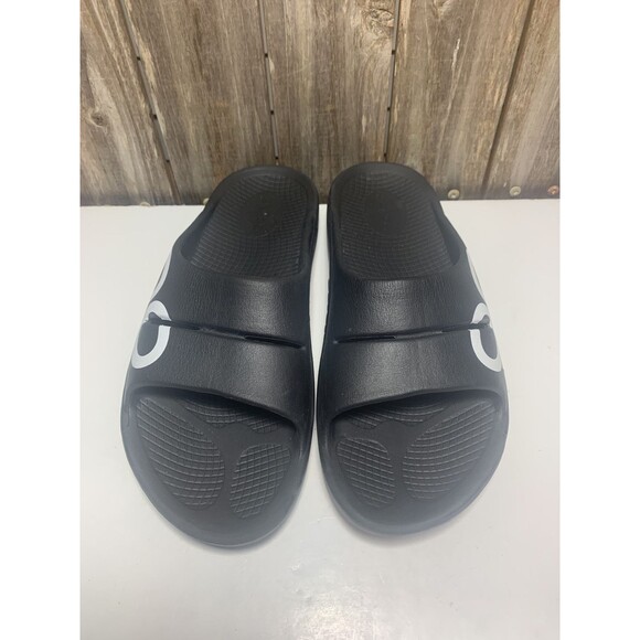 Oofos Sandals Mens 7 Womens 9 Slide Flats Slip On Rubber Black Open Toe Casual - Picture 2 of 8